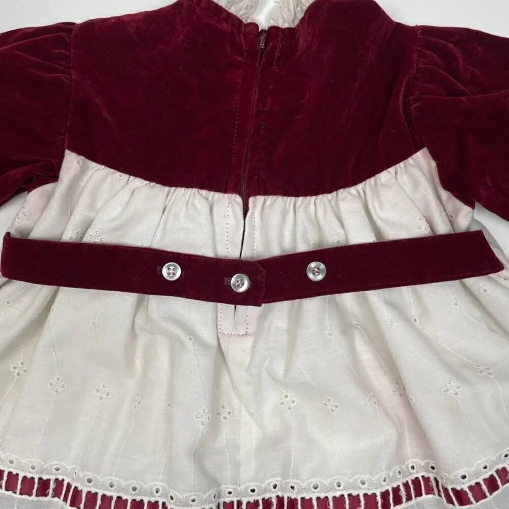 Vintage R-Gee Baby Maroon Velvet and White Eyelet Lace Christmas Dress Size 12M